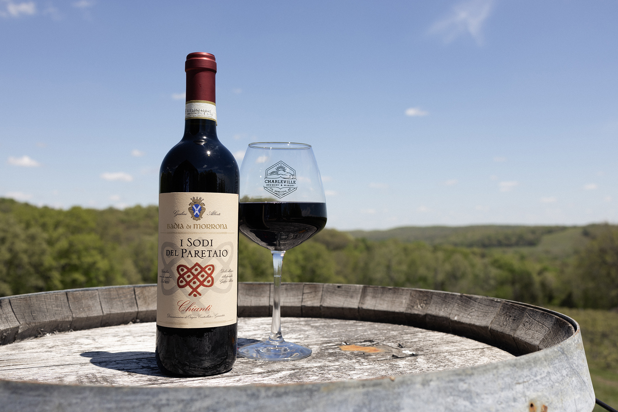 Charleville - Ashleys Portrait Co-9457 This is a photo of a chianti poured in a Charleville Brewery and Winery glass overlooking Charleville's lovely vista.