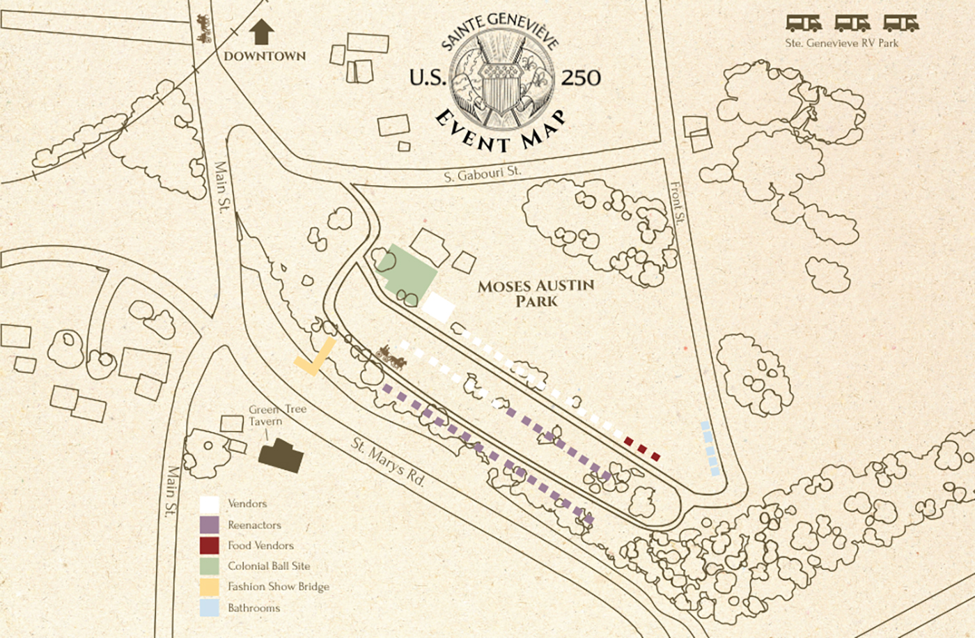 This is a site map for the US 250 celebration in Ste. Genevieve.