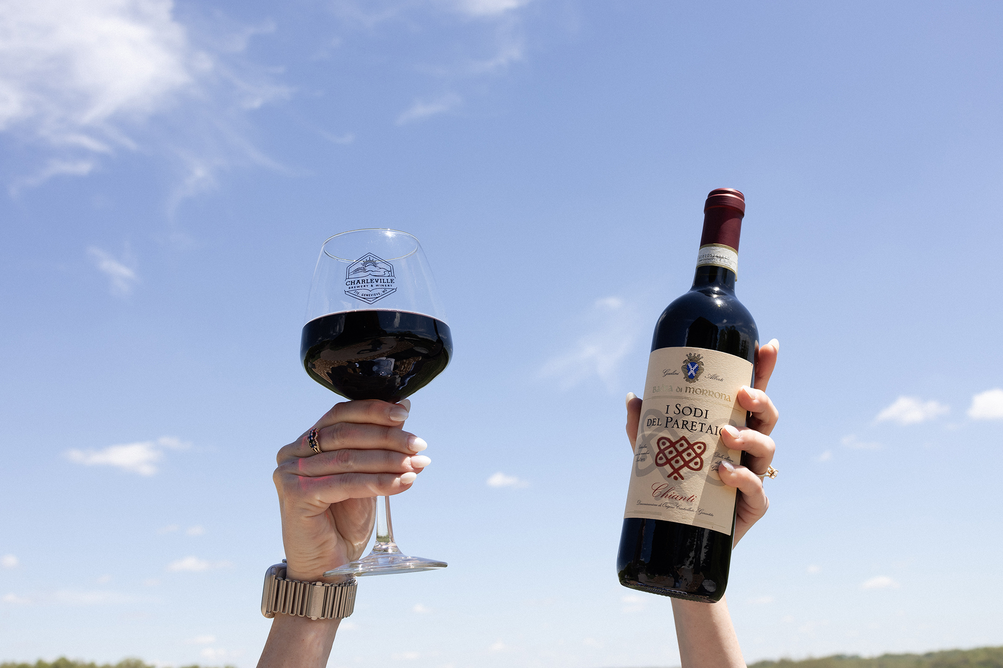This is a photo of a person out of frame holding a full wine glass in the right hand and a bottle of red wine in the left hand. The